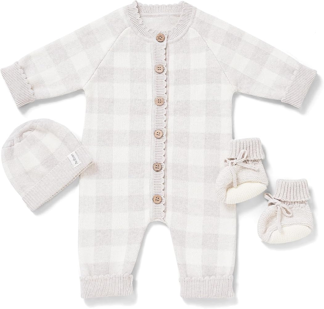 Avibae 3-Piece Cotton Newborn Baby Set with Knit Romper, Hat, Booties for Boys and Girls,Long Sle... | Amazon (US)