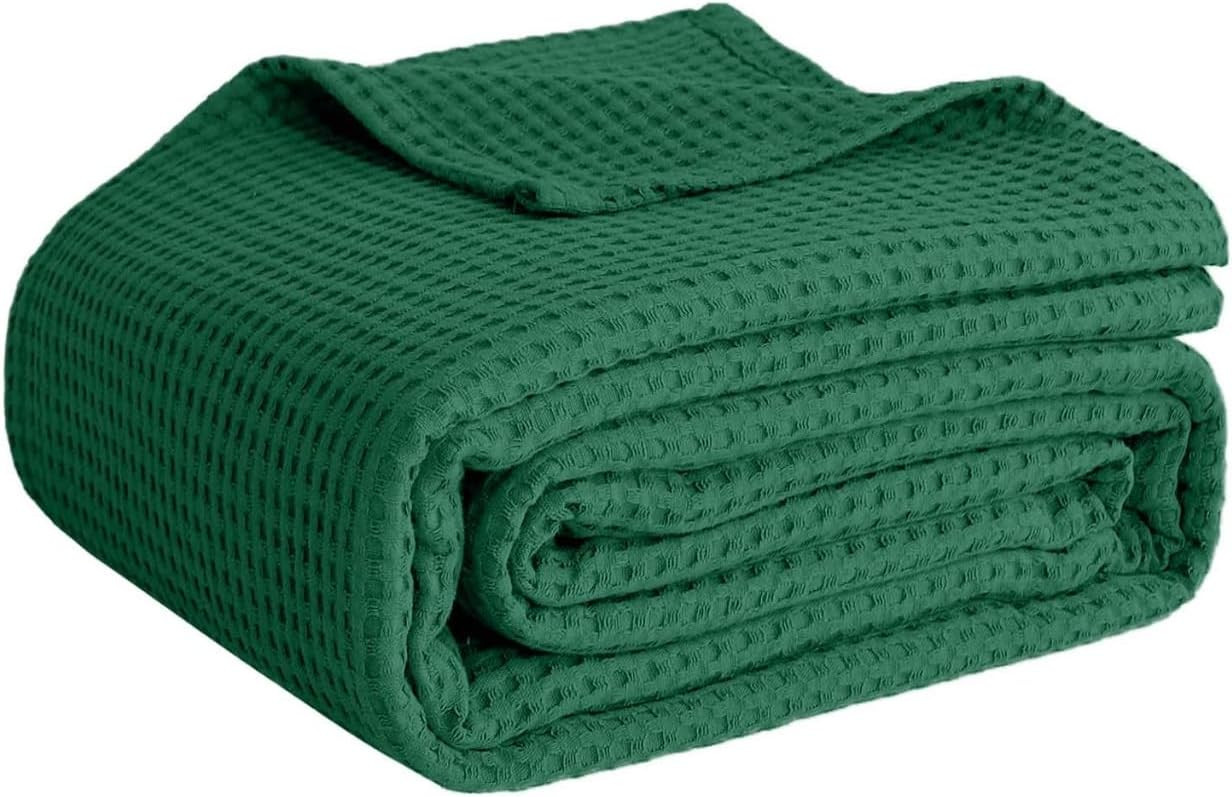 100% Cotton Blankets for Bed - Waffle Weave Blankets for Summer, Lightweight and Breathable Soft Woven Blanket for Spring (Dark Green, Throw (50" x 60")) | Amazon (US)