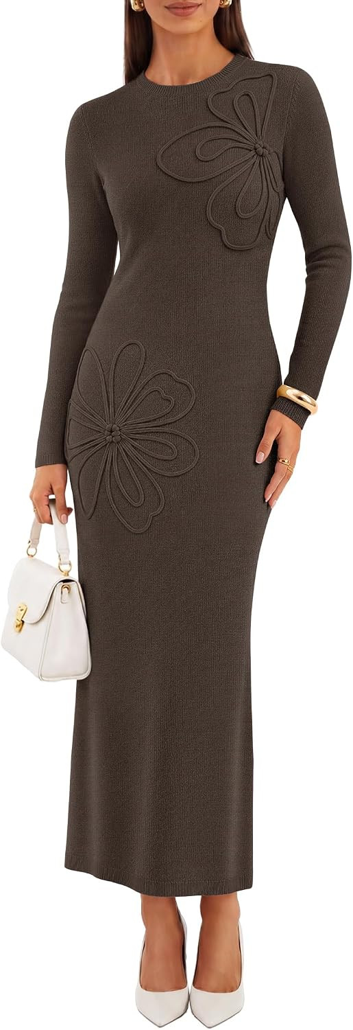 ZESICA Womens Fall Long Sleeve Bodycon Floral Knit Maxi Sweater Dress | Amazon (US)