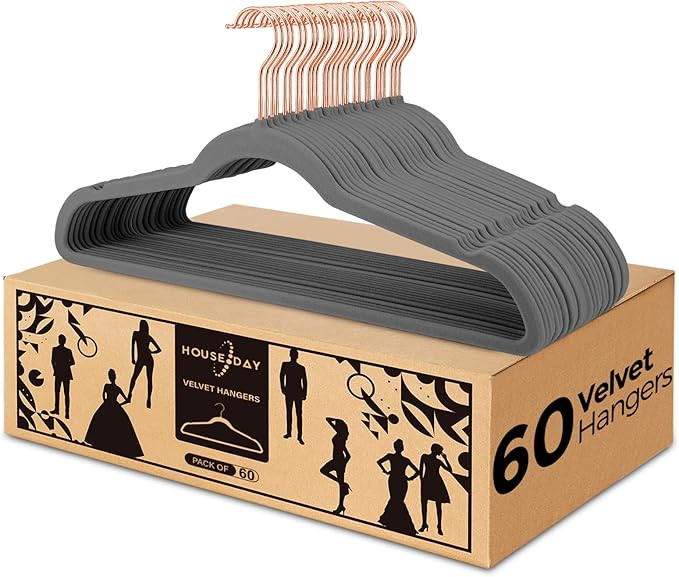 HOUSE DAY Black Velvet Hangers 60PK, Durable Non Slip Black Felt Hangers, Space Saving Clothes Ha... | Amazon (US)
