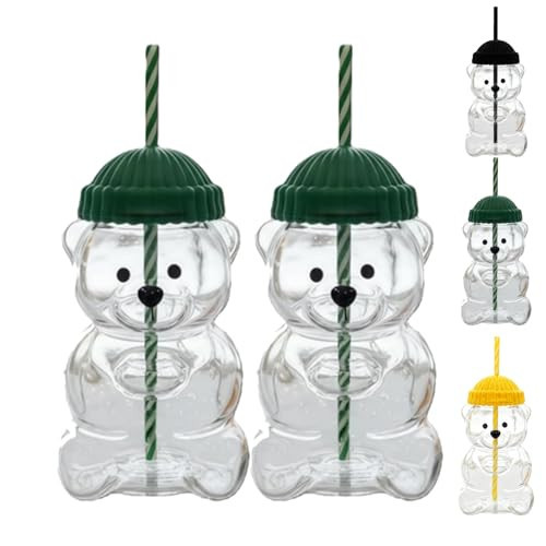 2025 New Bear Straw Cup, Bear Glass Cup, 𝐁ear Glass Cup with Lid and Straw, Glass Cups, Cute Mugs (2, Green) | Amazon (US)