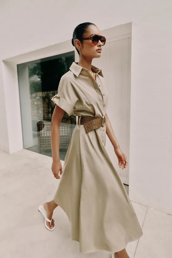 BELTED POPLIN MIDI DRESS | Zara US
