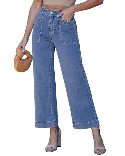 luvamia Womens Wide Leg Jeans High Waisted Plus Size Jeans for Women Concert Outfits for Women Trendy High Waisted Patch Pocket Ankle Length Stretchy Denim Pants Medium Blue Size XX-Large US 20 to 22 | Amazon (US)