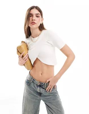 Only ribbed cross front crop top in cream | ASOS (Global)