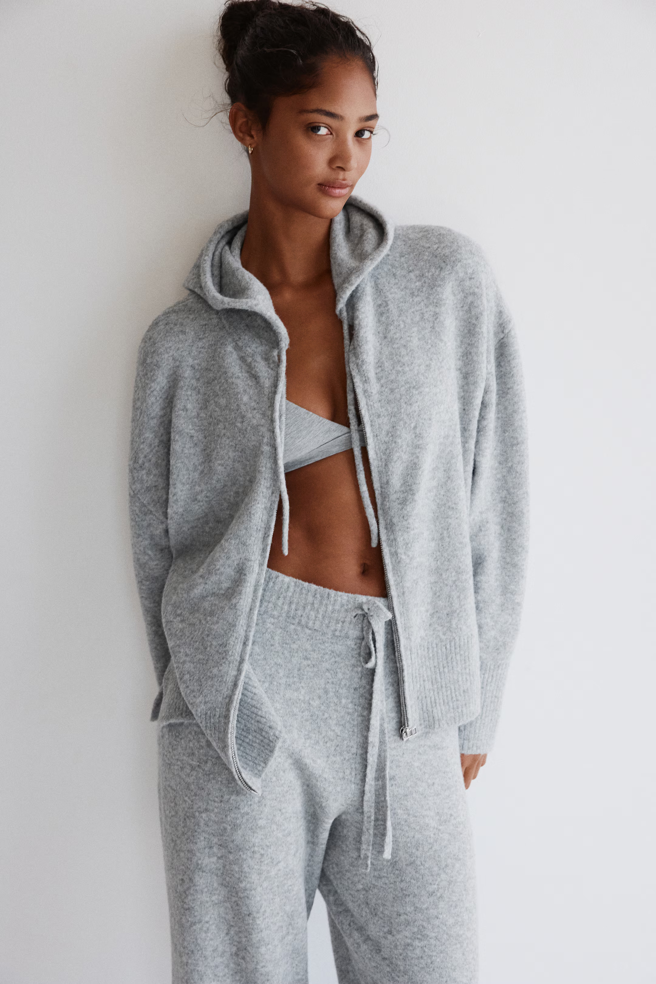Knitted zip-through hoodie - Grey marl - Ladies | H&M GB | H&M (UK, MY, IN, SG, PH, TW, HK)