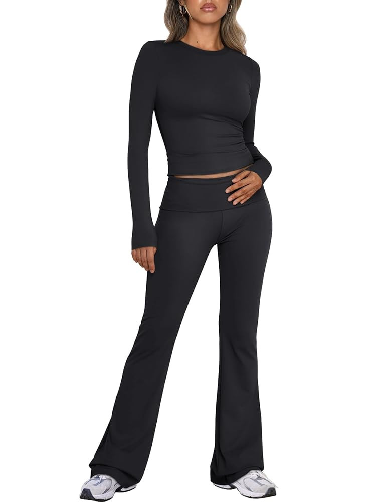 Trendy Queen Lounge Sets For Women 2 Piece Outfits Long Sleeve Shirts and Fold Over Yoga Pants Tw... | Amazon (US)
