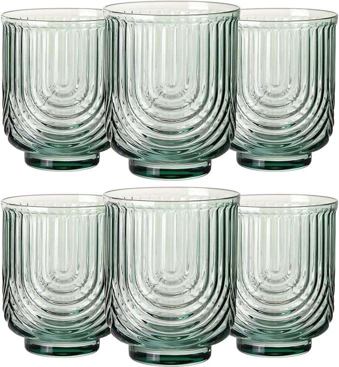 Green Vintage Glassware Set of 6-14Oz Green Water Drinking Glass, Art Deco Ripple Highball Glass,... | Amazon (US)