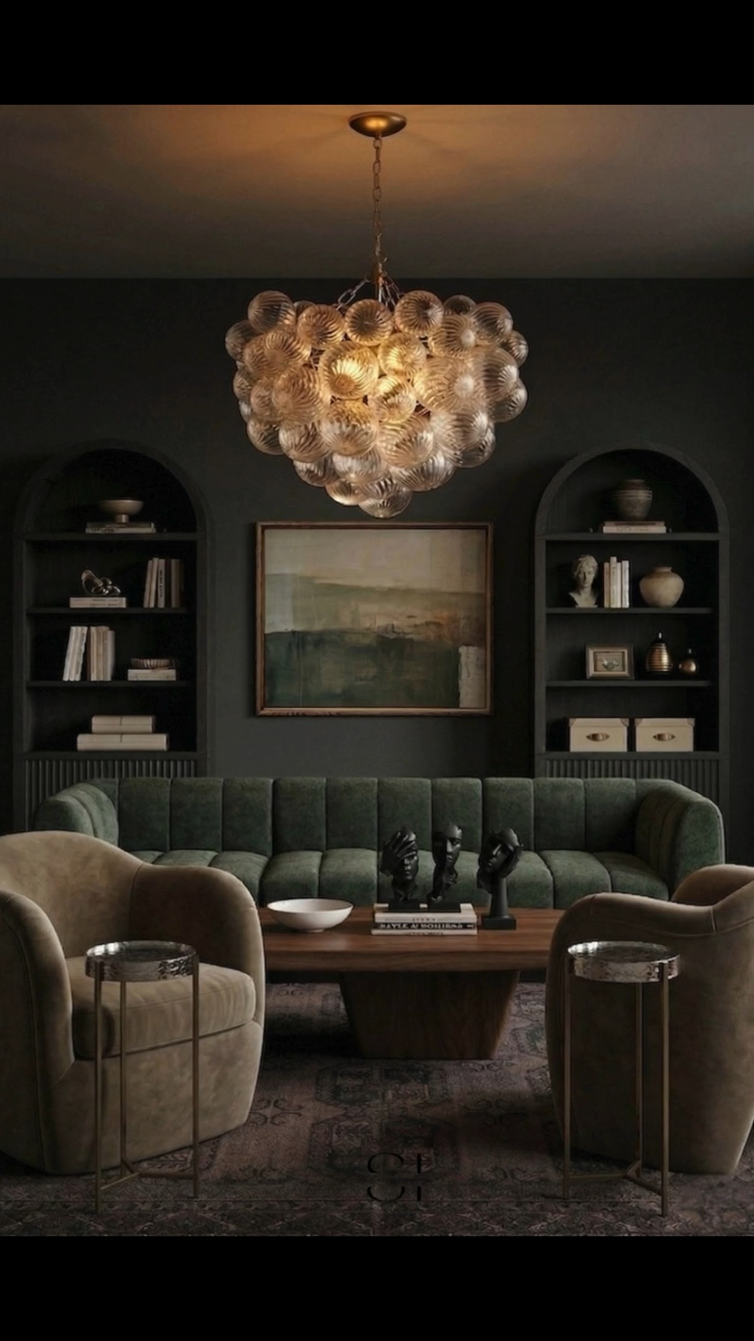 Affordable Amazon decor must haves to get this exact interior design modern luxury look on a budget. Shop this eclectic living room furniture like the green velvet sofa and that stunning statement pendant lighting below! organic modern living room, vintage glass chandelier, moody interior design, channel tufted sofa, velvet swivel chairs, arched built-in shelving, dark academia home, mid century modern mix, sculptural home decor, luxury transitional style

#LTKHome