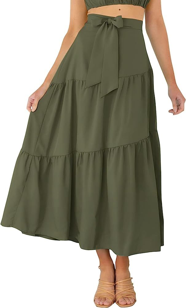 VTSGN Womens Tiered Midi Maxi Skirt Boho Tie Waist A-Line Flowy Long Skirt with Pockets | Amazon (US)
