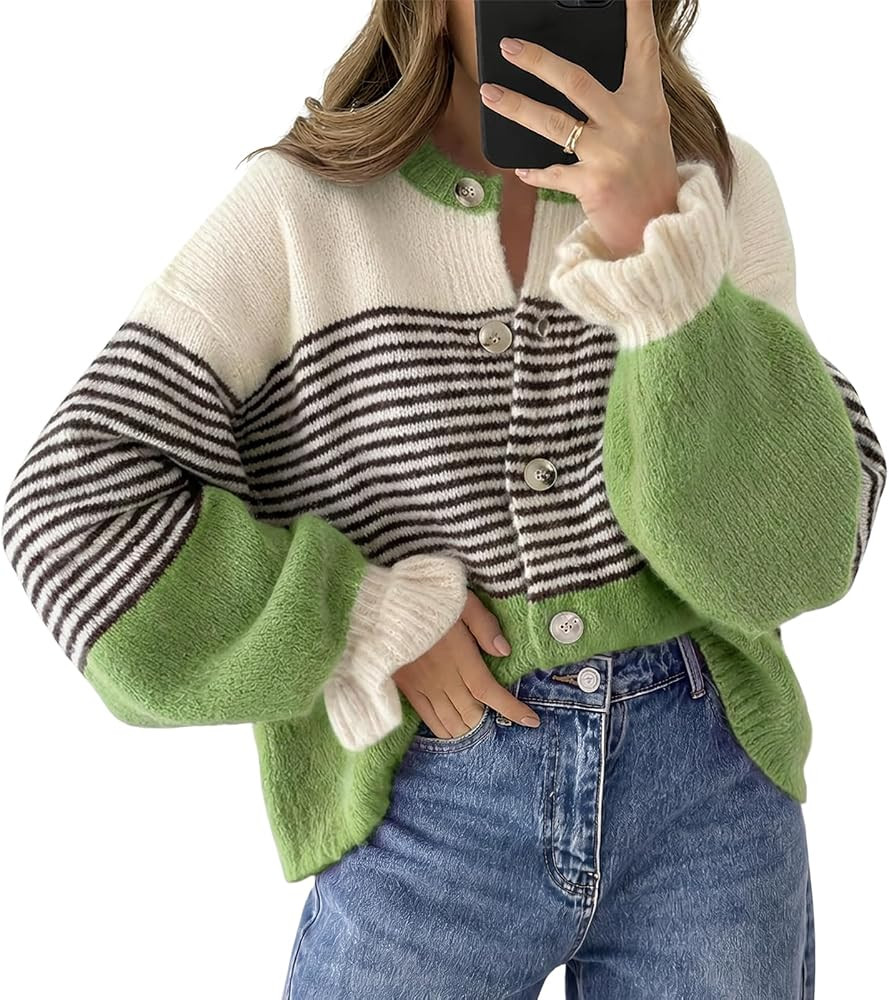 Saodimallsu Womens 2026 Fall Trendy Striped Cardigan Sweaters Ruffle Sleeve Button Up Loose Color... | Amazon (US)
