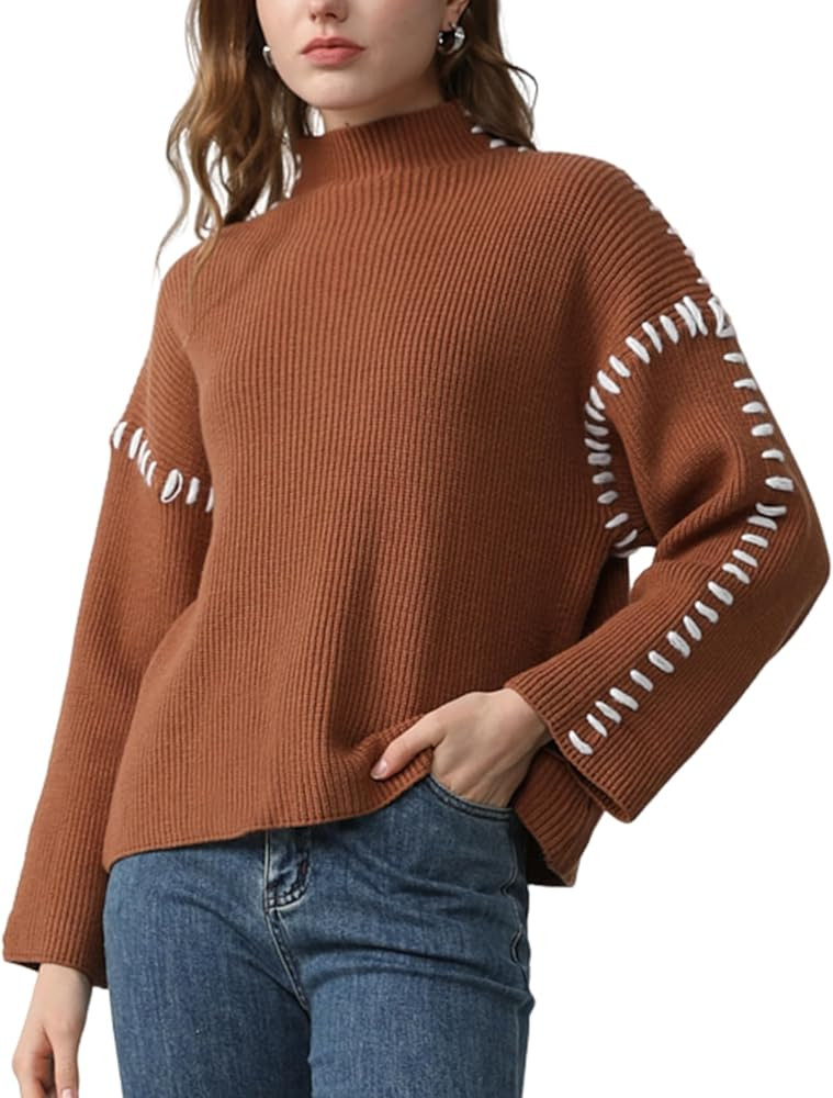 Wyeysyt Women's 2024 Fall Mock Turtleneck Sweater Contrast Stitching Chunky Long Sleeve Knit Swea... | Amazon (US)