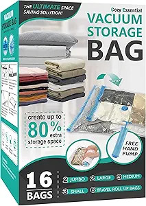 16 Pack Vacuum Storage Bags, Space Saver Bags (2 Jumbo/2 Large/3 Medium/3 Small/6 Roll) Compressi... | Amazon (US)
