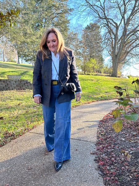 Super chic I think. Don’t you? 
Spanx denim are a bit relaxed. But a beautiful fit. Size XL PETITE. Use code NANETTEXSPANX for 10% off

Blouse size 2.0
Blazer size 12

Madewell spanx Chicos 

#LTKover40 #LTKmidsize #LTKworkwear