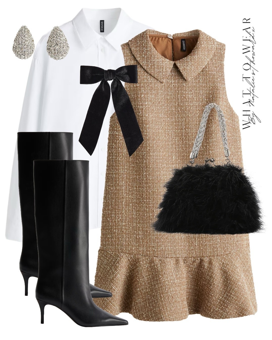  Love a white shirt and dress outfit . This is such a nice outfit idea for Christmas or for occasions over winters I love the tweed dress with the knee high boots finished with Diamante , feather and bow accessories 

Christmas Day outfit 
Brunch outfit 
Date night outfit 
Occasion outfit 
Old money style 
One high boots 
Hair bow 
New Year’s Eve outfit 
Christmas Eve outfit 


#LTKuk #LTKstyletip #LTKwinter
