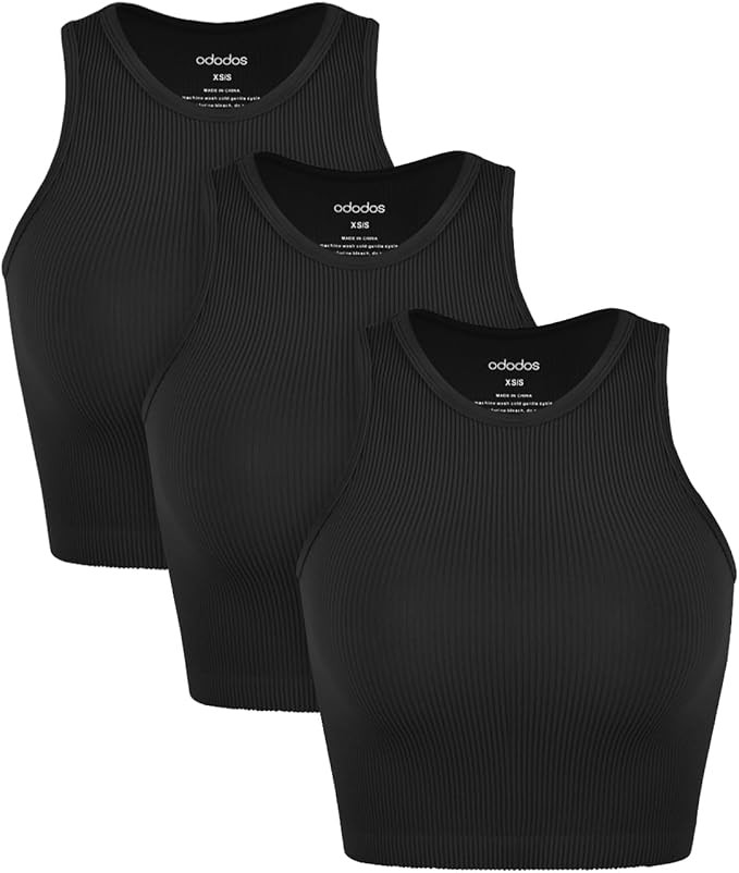 ODODOS 3-Pack Seamless Crop Tank for Women Ribbed Soft High Neck Cropped Tops | Amazon (US)
