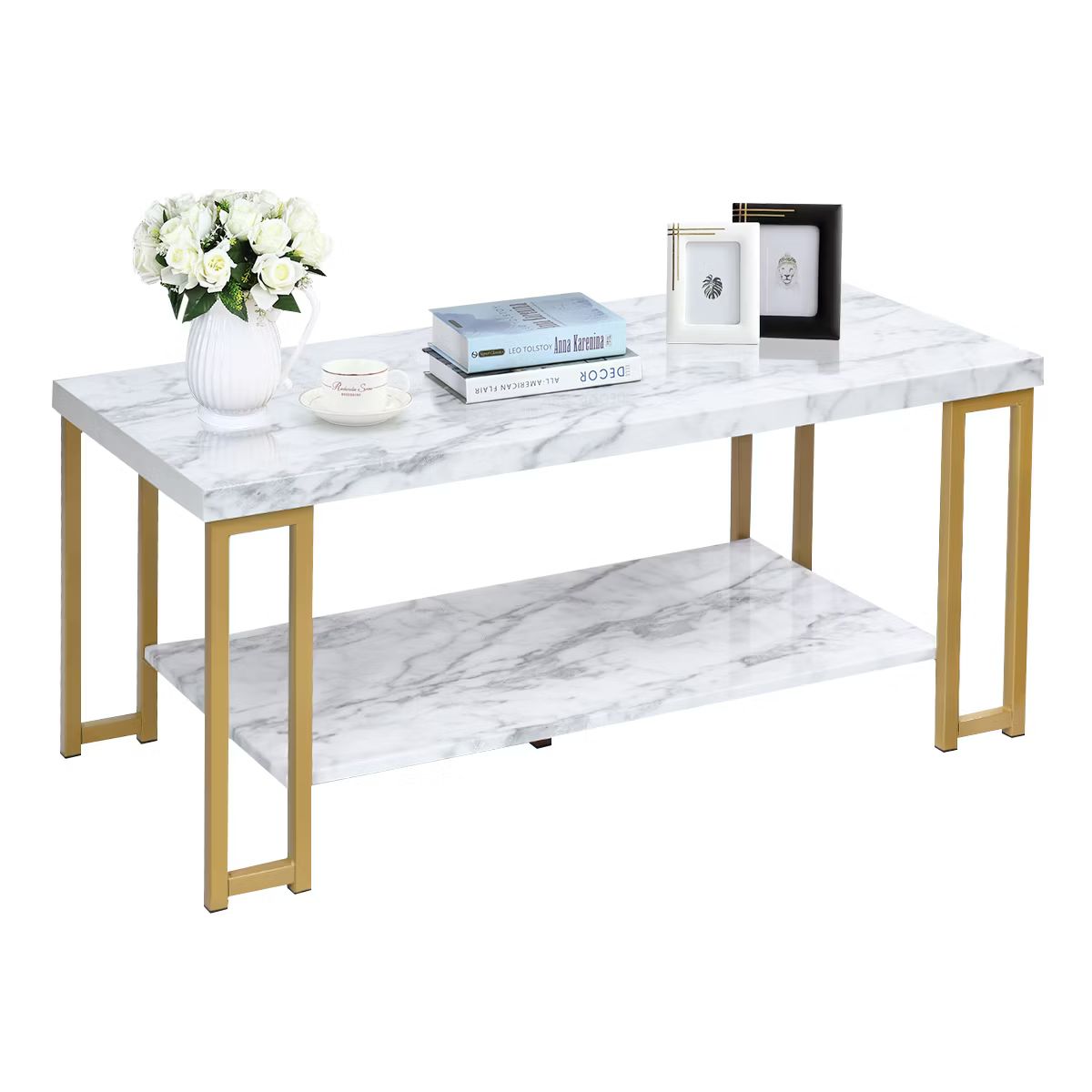 Modern Coffee Table Faux Marble Top Accent Cocktail Table w/Gold Metal Frame | Target