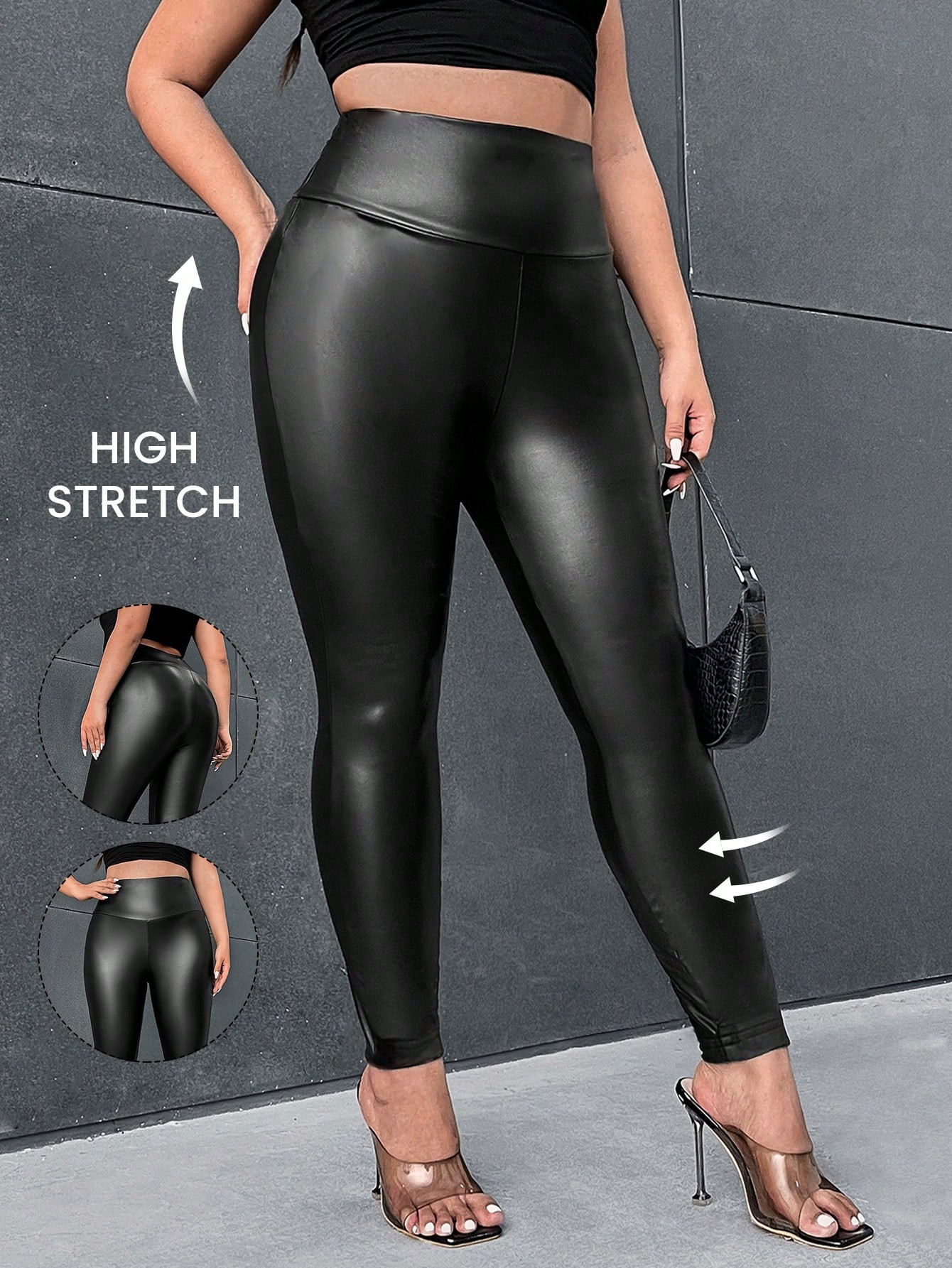 SHEIN Privé Plus Wideband Waist PU Leather  Black Spring  Leggings | SHEIN