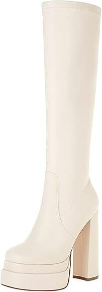 vivianly Women's Platform Knee High Boots Square Toe Chunky Block Heels Long Stretch Boots with S... | Amazon (US)