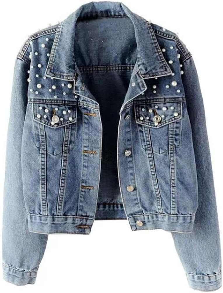 Oversize Pearl Embroidered Women's Ripped Distressed Casual Long Sleeve Denim Jacket Coat | Amazon (US)
