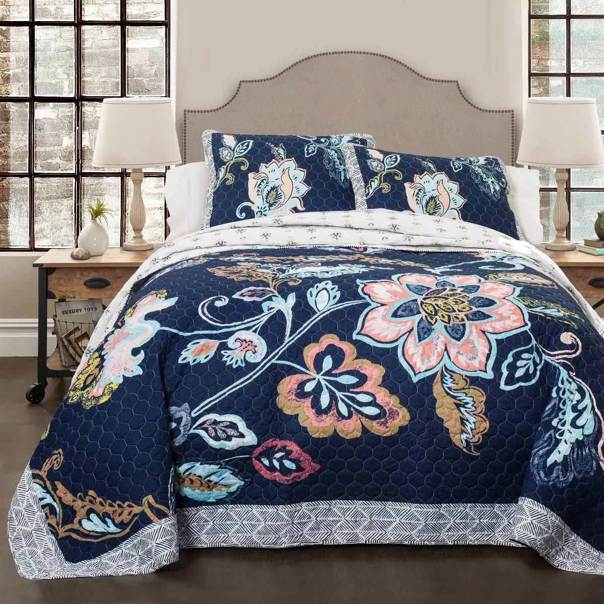 Aster Quilt Coral/ Navy 3 Piece Set - Lush Décor | Target
