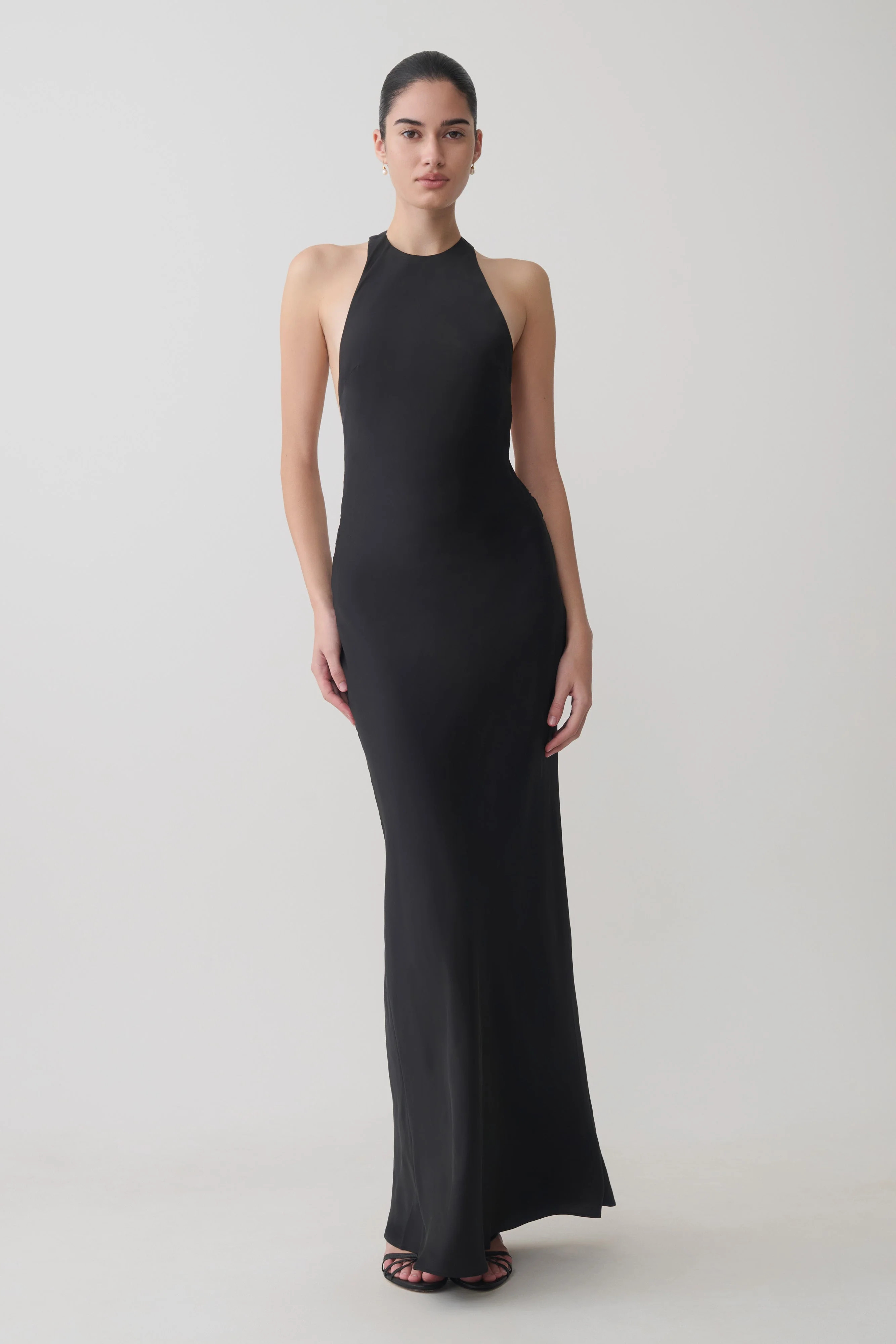 Rinna Satin Halter Maxi Dress - Black | MESHKI US
