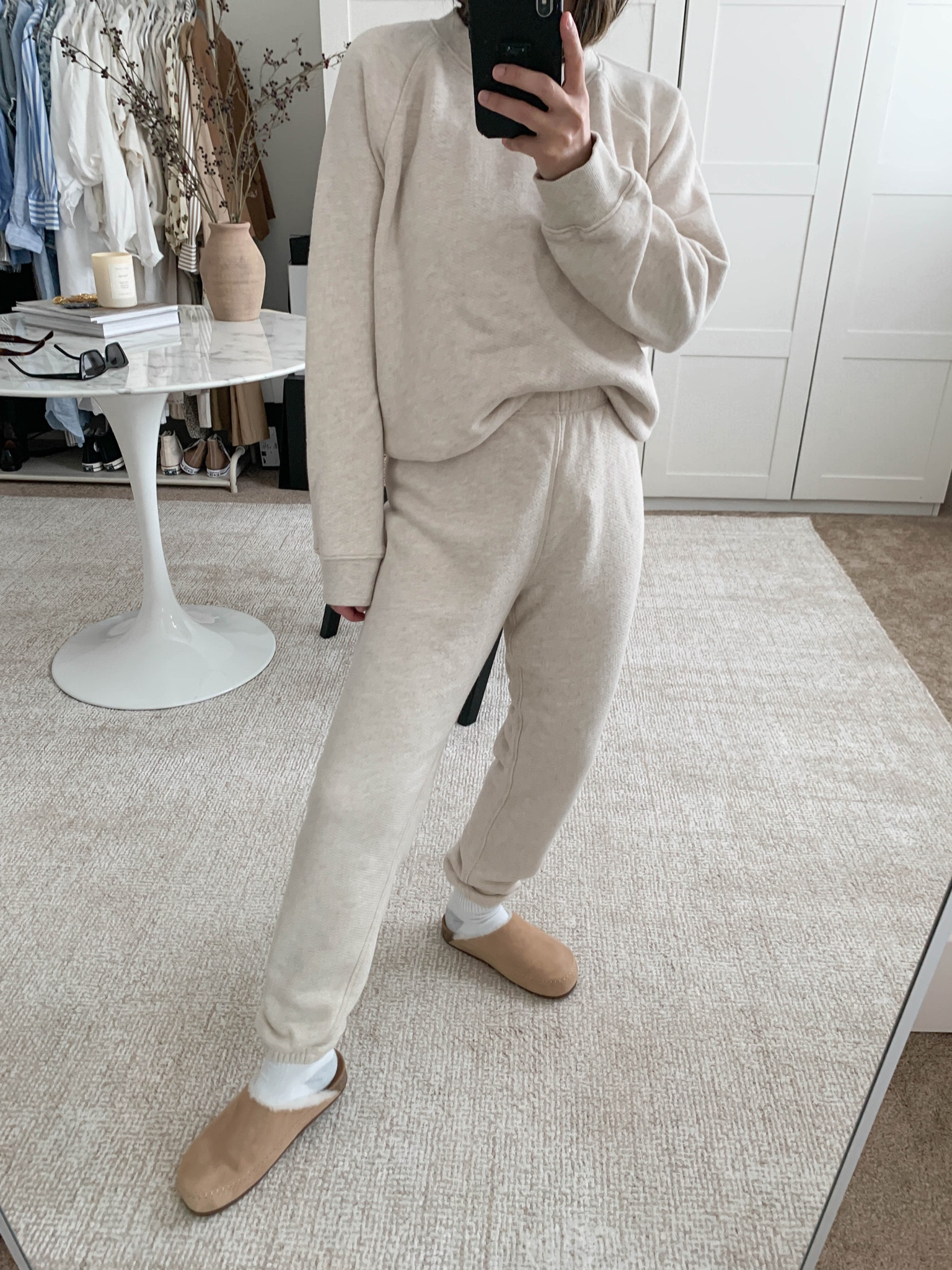 Jenni Kayne Saturday sweatshirt and sweatpants. Best luxe sweatsuit. Wearing the xs bottoms and a medium top for a roomy fit  