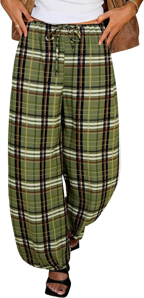Tankaneo Womens Checkered Pants Baggy Balloon Plaid Harem Pants Casual Drawstring Wide Leg Trouse... | Amazon (US)