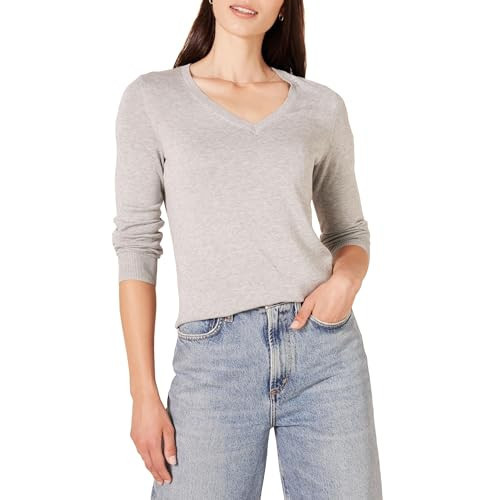 Amazon Essentials Women's Regular-Fit Lightweight Long-Sleeve V-Neck Sweater (Available in Plus Size), Light Grey Heather, 1X | Amazon (US)