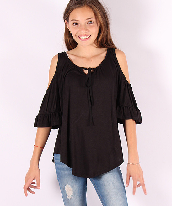 Black Cold-Shoulder Swing Top - Girls | zulily
