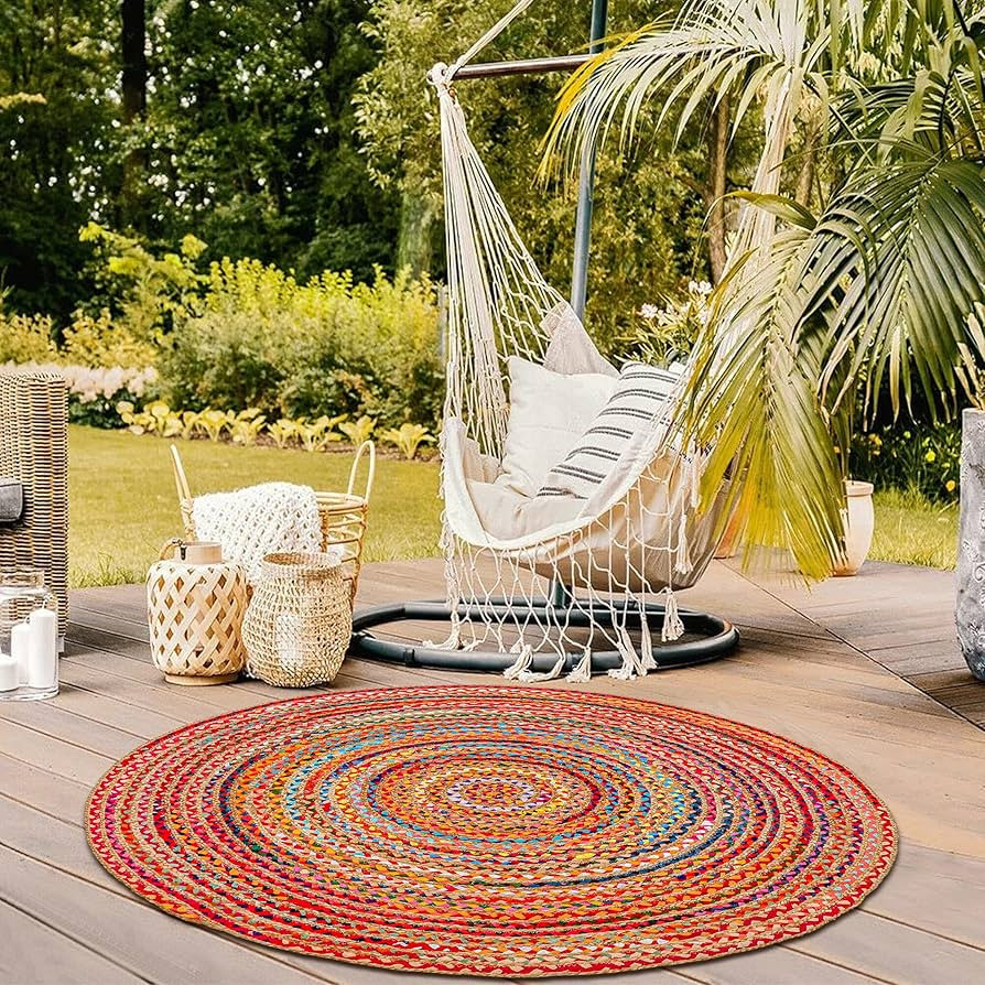Hausattire Bohemian Braided Rug 4' Round - Multi Color, Circle Farmhouse Jute Cotton Area Rag Rug... | Amazon (US)