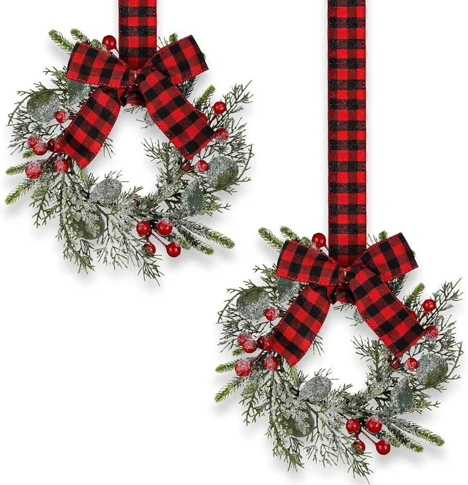 Hiagkmet 2Pcs Christmas Wreaths with Bows 9 Inch Mini Christmas Candle Rings Wreaths Kitchen Cabi... | Amazon (CA)