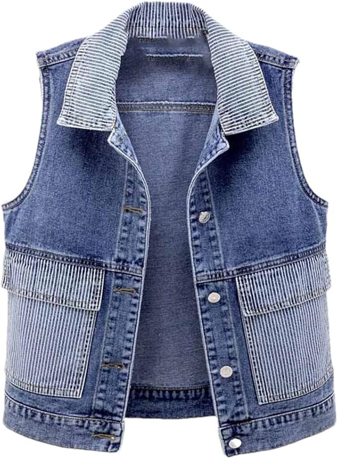 Casual Patchwork Striped Denim Vest Women Cowboy Sleeveless Jacket Pocket Jean Waistcoat | Amazon (US)