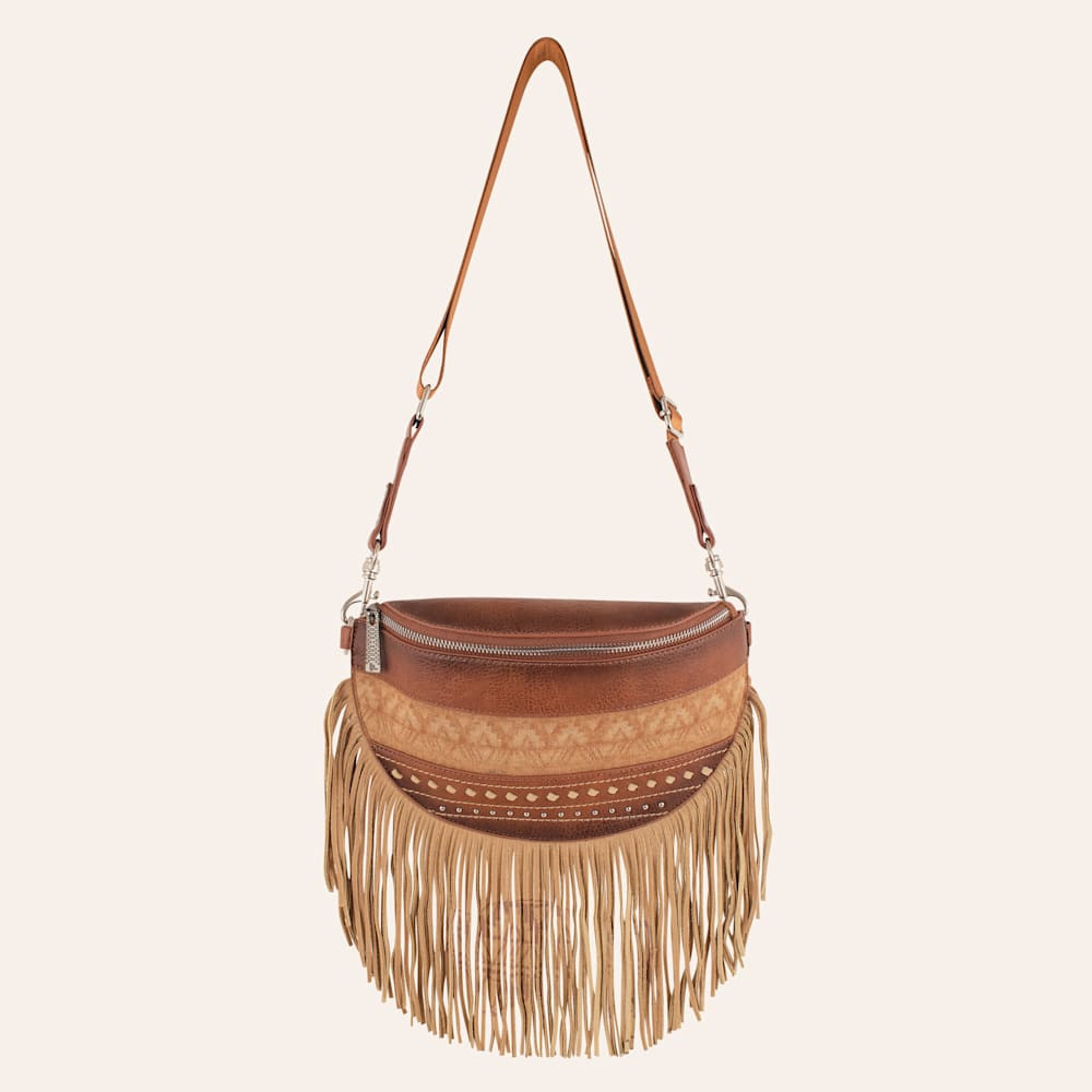 RED DIRT HAT CO. TAN AND BROWN BUCKSTITCH FRINGE SLING BAG | Cavender's