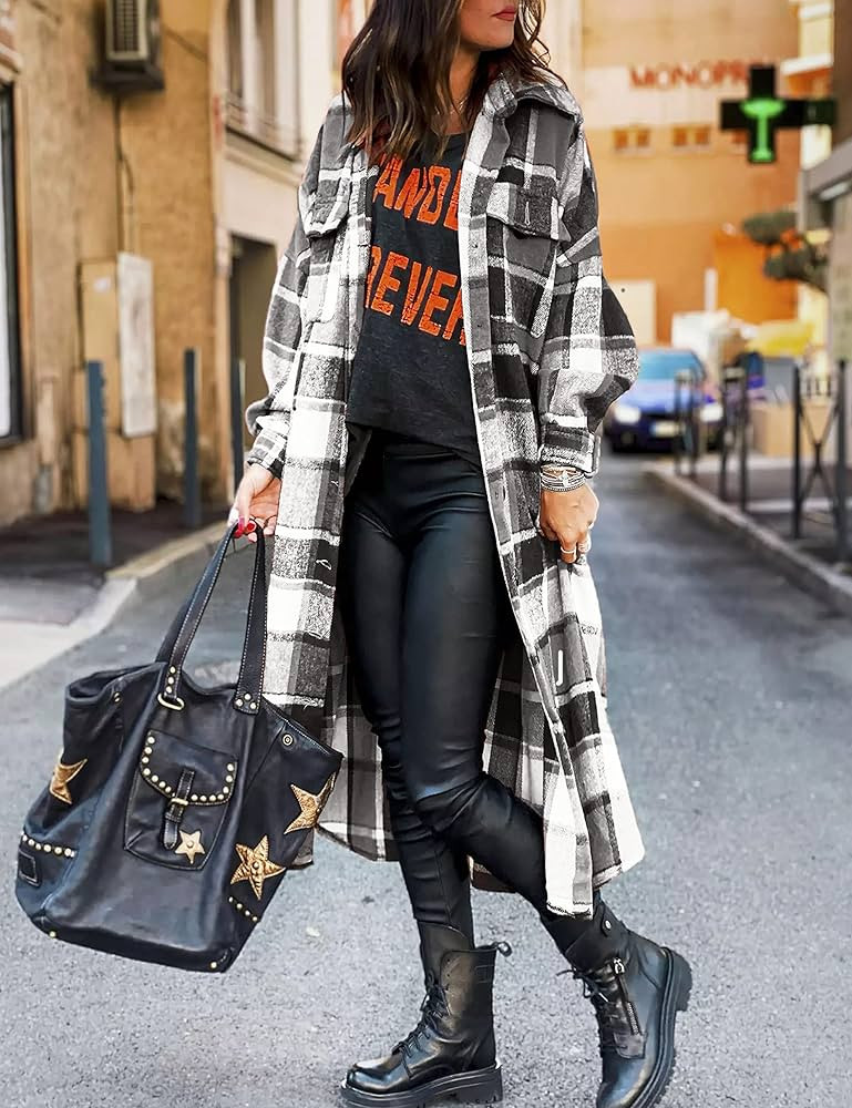 HangNiFang Women's Long Plaid Shacket Jacket Oversized Button Down Shirts Winter Warm Pea Coat | Amazon (US)