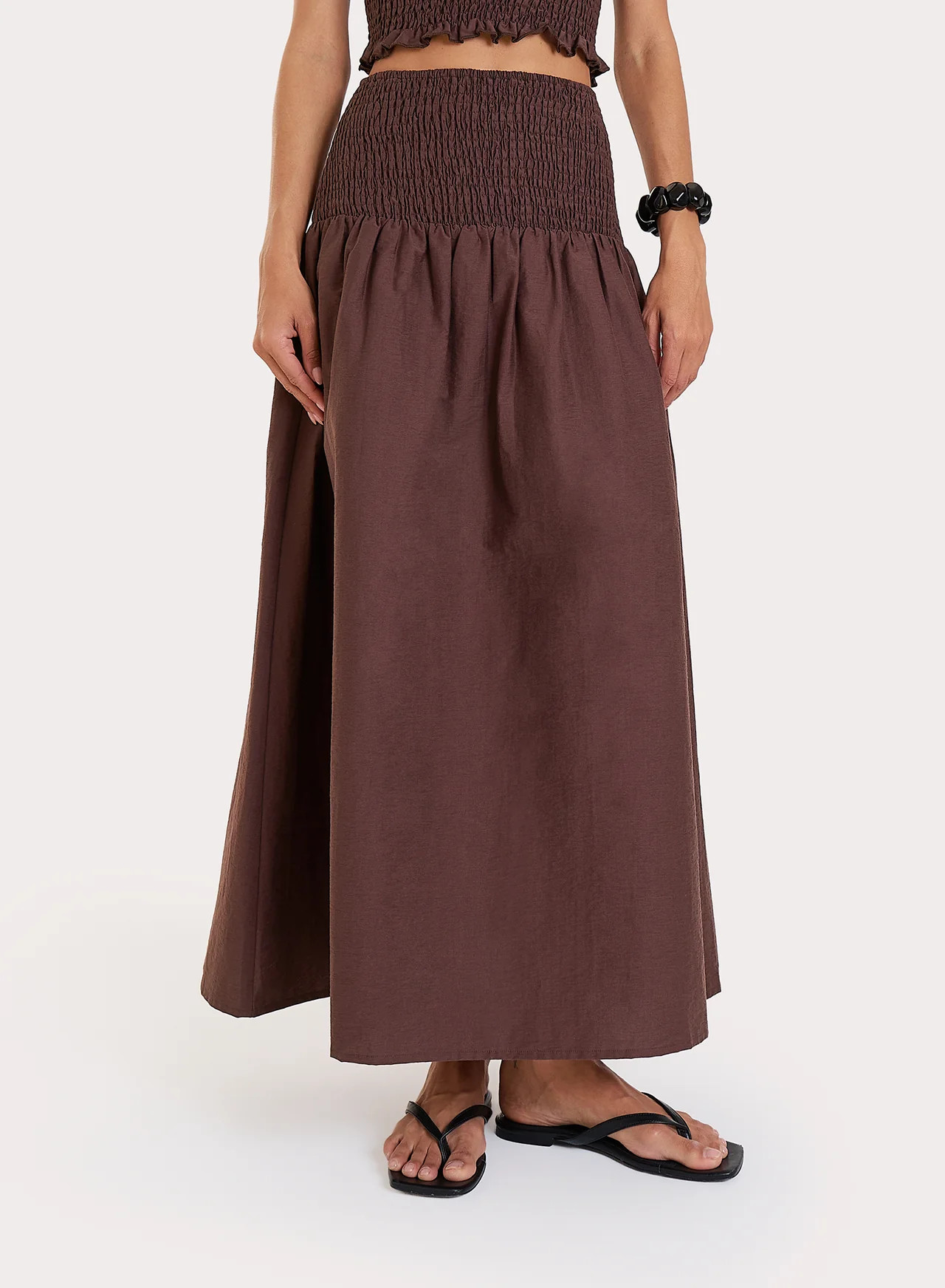 Women's Chocolate Shirred Drop Waist Maxi Skirt | Lowri | 4th & Reckless | 4th & Reckless