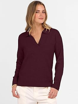 ANRABESS Suéteres tipo polo de manga larga con cuello en V para mujer, ligeros, elegantes, casua... | Amazon (US)