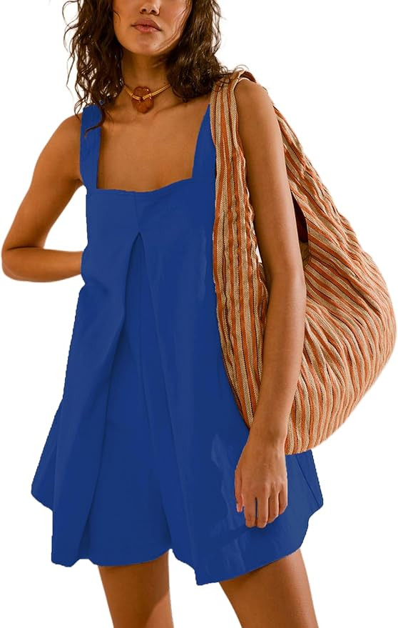 Mingzhu Women's Sleeveless Onesie Romper Loose Square Neck Shorts Jumpsuit with Pockets | Amazon (US)