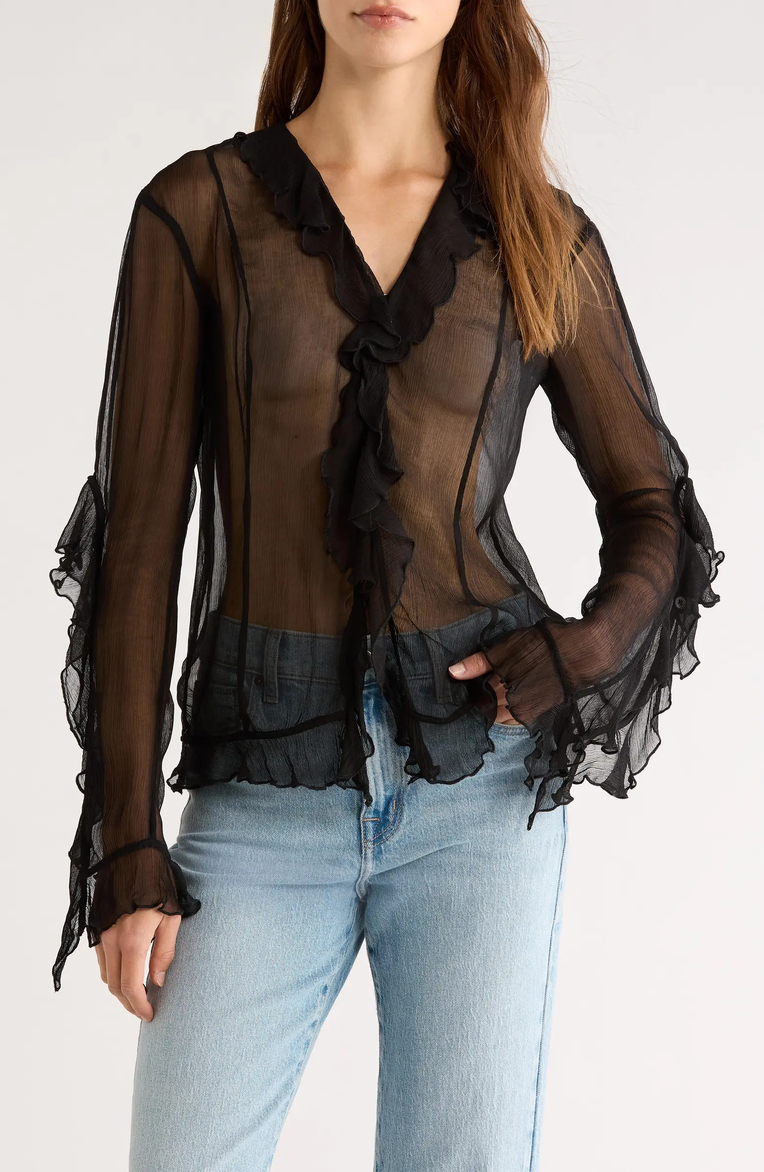 STAUD Kellcy Sheer Ruffle Sleeve Top | Nordstrom | Nordstrom