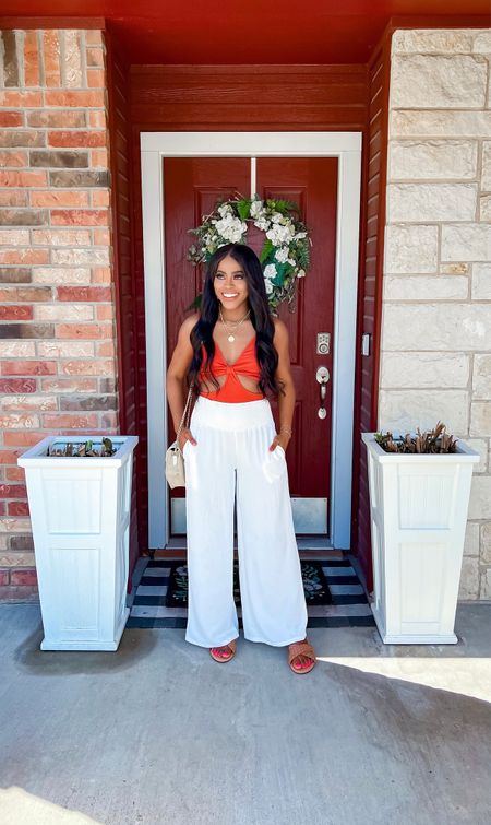 Top: Wearing a small, adjustable straps, wearing nipple covers and has some stretch. The color is more of a brown orange. •Pants: I am 5’4” wearing a small, palooza style and I would stick to nude underwear. •Sandals: I went with my normal size. 

#LTKstyletip #LTKFestival #LTKtravel