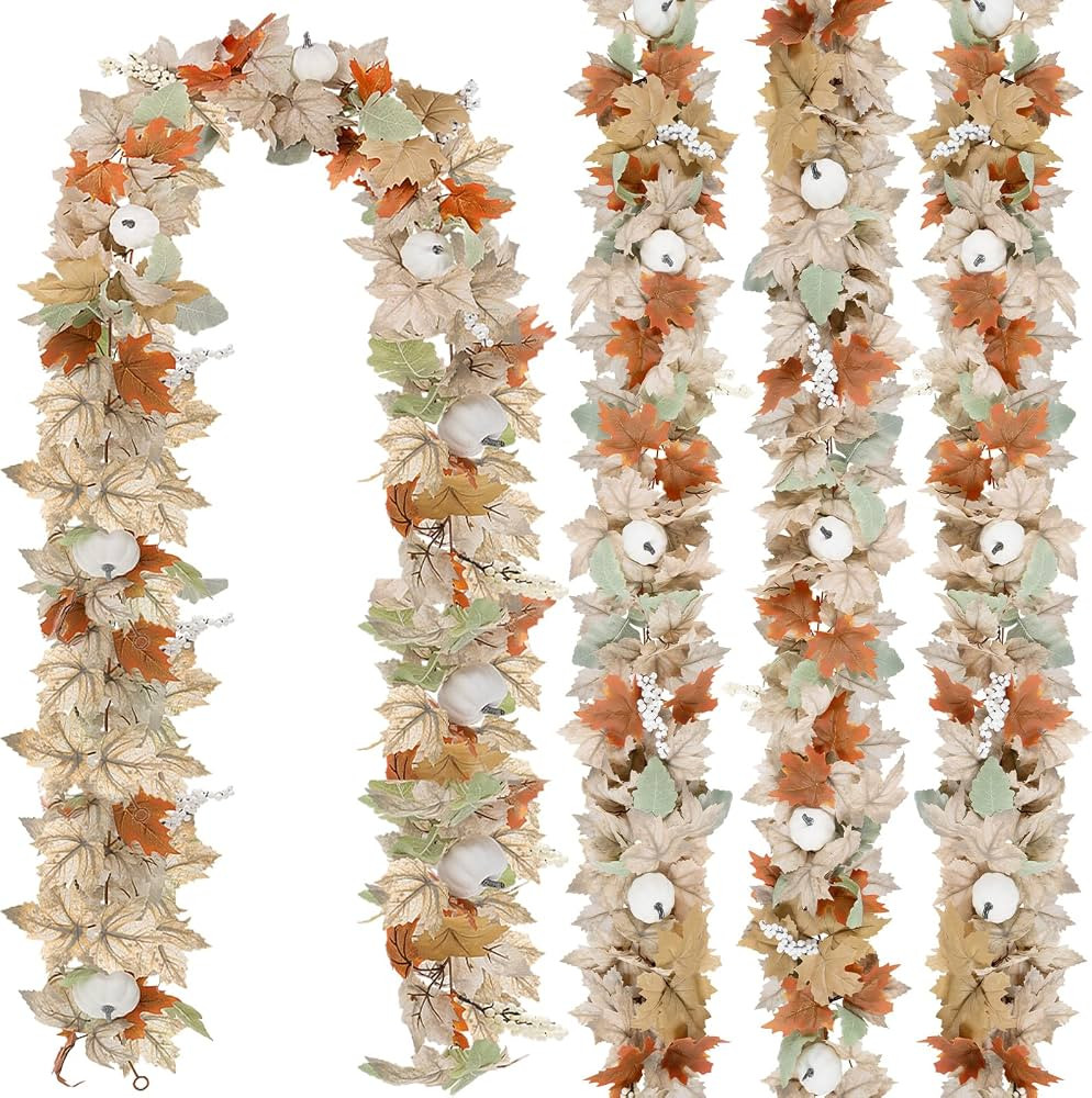 Neutral Fall Garland for Mantle Fireplace - 4 Pack Total 24 Ft Outdoor Autumn Leaves Decor for Ho... | Amazon (US)