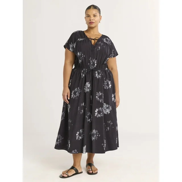 Scoop Women’s V-Neck Crinkle Midi Dress, Sizes XS-4X | Walmart (US)
