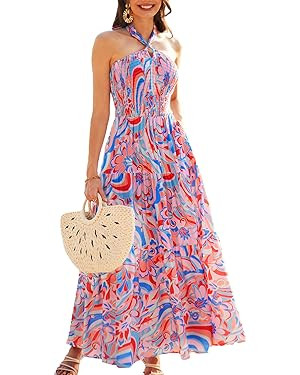 GRACE KARIN Women's Summer Dresses 2024 Halter Neck Sleeveless Smocked Backless Cut Out Floral Fl... | Amazon (US)