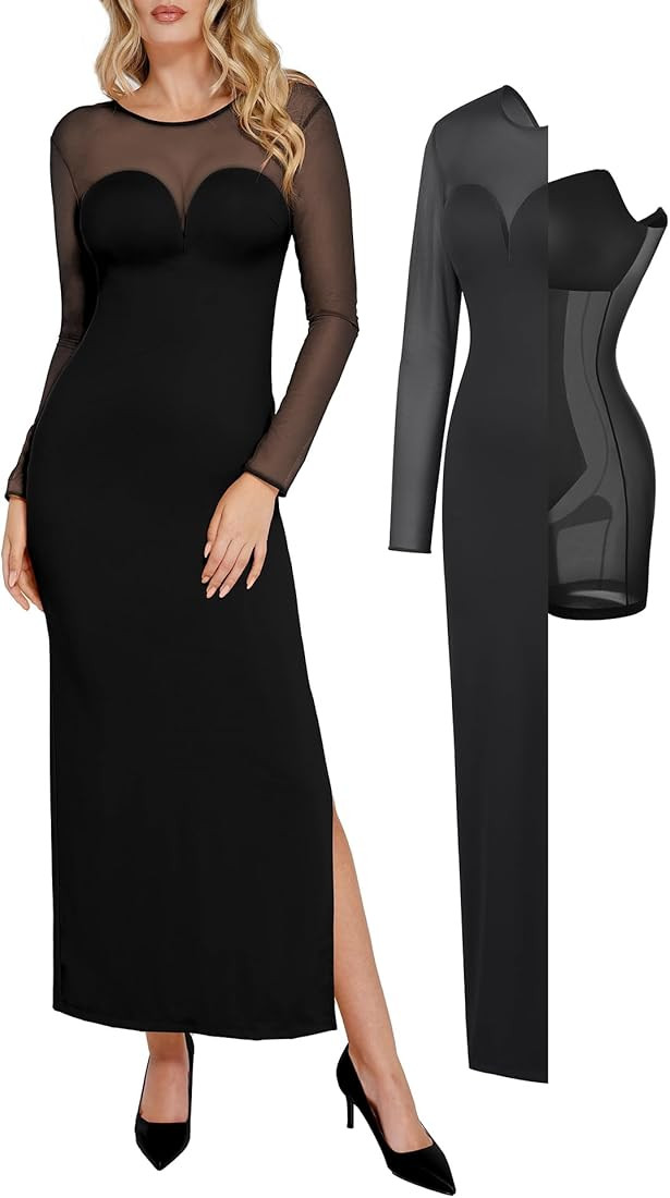 Popilush Long Sleeve Prom Maxi Dress for Women Mesh Shapewear Bodycon Dress Fall Tight Fitted Par... | Amazon (US)