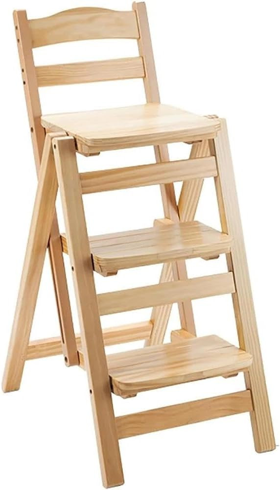 Wooden Folding Step Stool Chair, Solid Pine Wood 3-Step Ladder Stool with Seat, Multi-Purpose Ste... | Amazon (US)