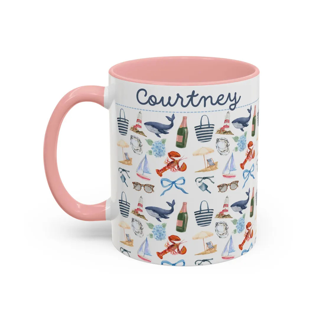 Custom Coastal Coquette Accent Coffee Mug (11, 15oz); New England, Cape Cod, Nantucket, Maine, MV... | Etsy (US)