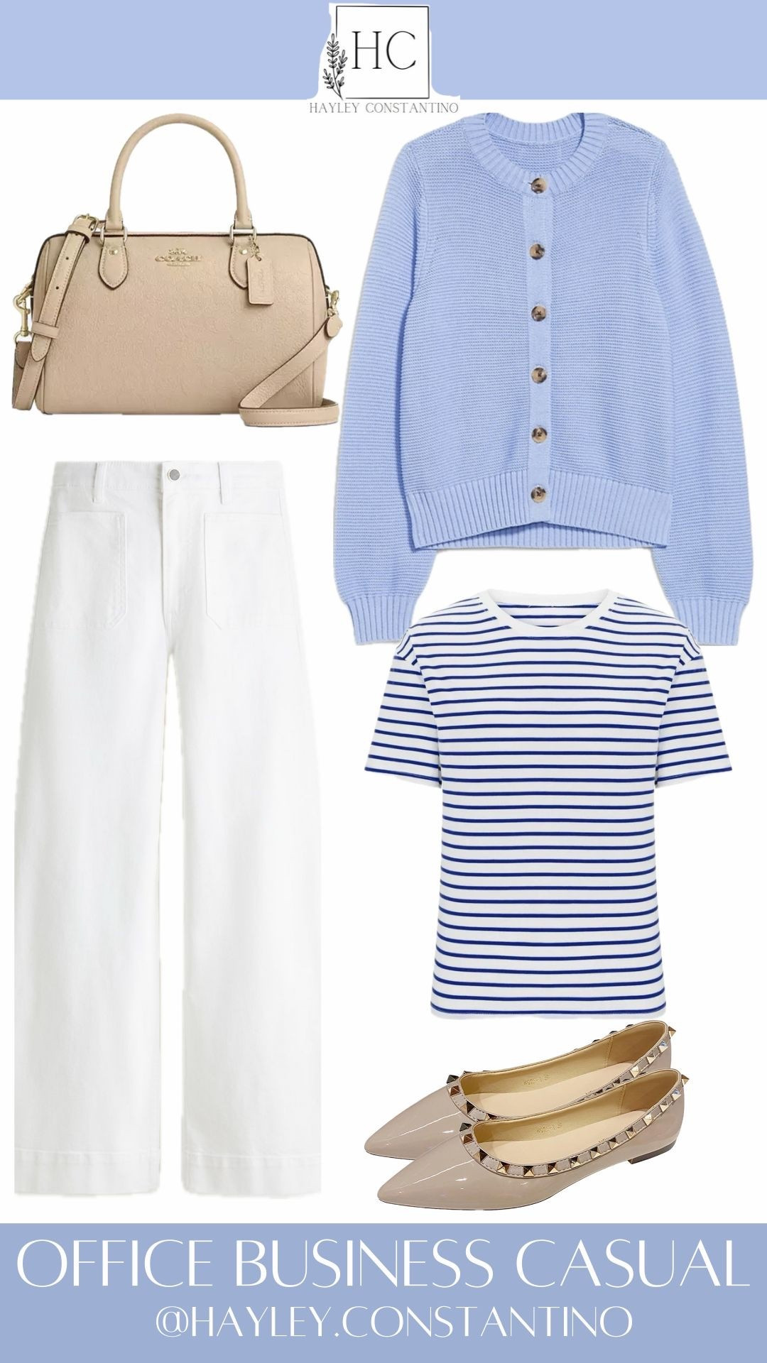 This outfit is giving polished, put-together, but still fun enough to flirt with your coffee order ☕😉

Soft blue + crisp white = instant fresh energy. The baby-blue cardigan layered over a classic navy-striped tee feels effortlessly chic, like you didn’t try too hard (but absolutely nailed it). The white wide-leg trousers keep things clean, modern, and office-appropriate, while the nude flats with subtle edge details add just the right amount of sass. Finished off with a structured neutral handbag? Chef’s kiss.
Why it works:
The stripes say timeless
The cardigan says approachable
The wide-leg pants say confident woman who knows her worth
The flats say I can walk fast and still look cute
When & Where to Wear It:
Office business casual days
Casual meetings or presentations
Coffee dates that might turn into lunch
Work conferences or training days
Travel days when you want comfort without sacrificing style
Spring or early fall workdays when layers are your best friend
Overall Mood:
Youthful, fresh, and quietly confident. It’s the outfit equivalent of saying, “I’m professional, but I still have a personality.” Perfect for women of any age who want to look modern, pulled together, and just a little bit preppy 💙✨

#LTKootd #LTKOver40 #LTKWorkwear