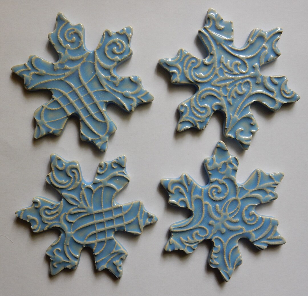 4 large baby blue snowflakes...handmade embossed kiln fired earthenware ceramic mosaic tiles | Etsy (US)