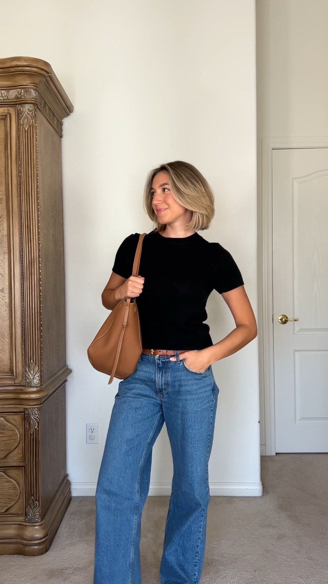 Fall outfit, fall style, cashmere tee, black tee, black t-shirt, low rise jeans, low rise denim, medium wash denim, dolce vita loafers, loafers, Polene bag, Polene Paris, large bag, work bag

#LTKStyleTip #LTKSeasonal