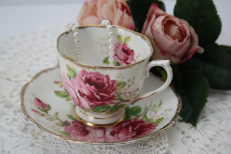 ROSES Teacup & Saucer Royal Albert Bone China Made in England white teacup with Pink and Burgundy... | Etsy (CAD)
