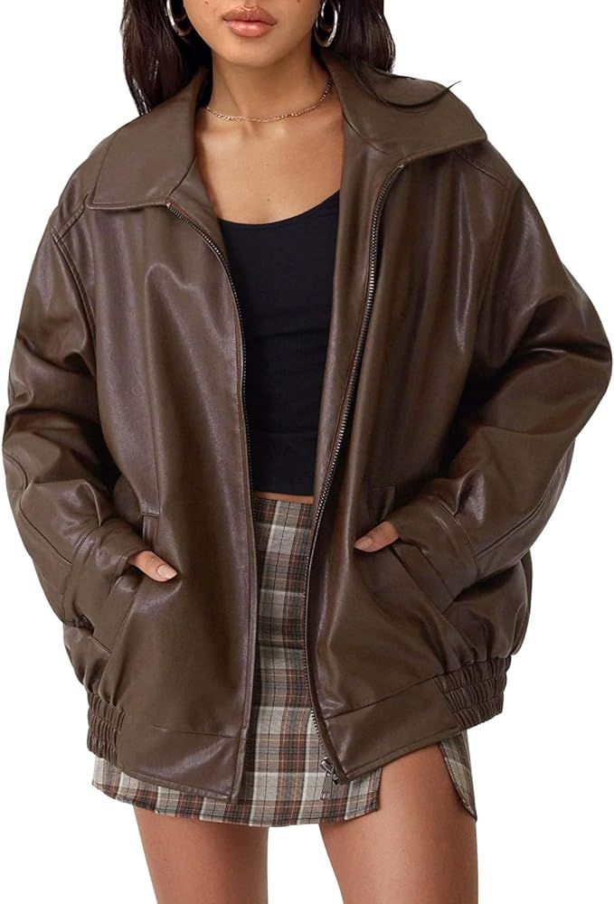 AUTOMET Women's Oversized Jackets, Leather Faux Motorcycle Plus Size Moto Biker Coat Fall Outfits... | Amazon (US)